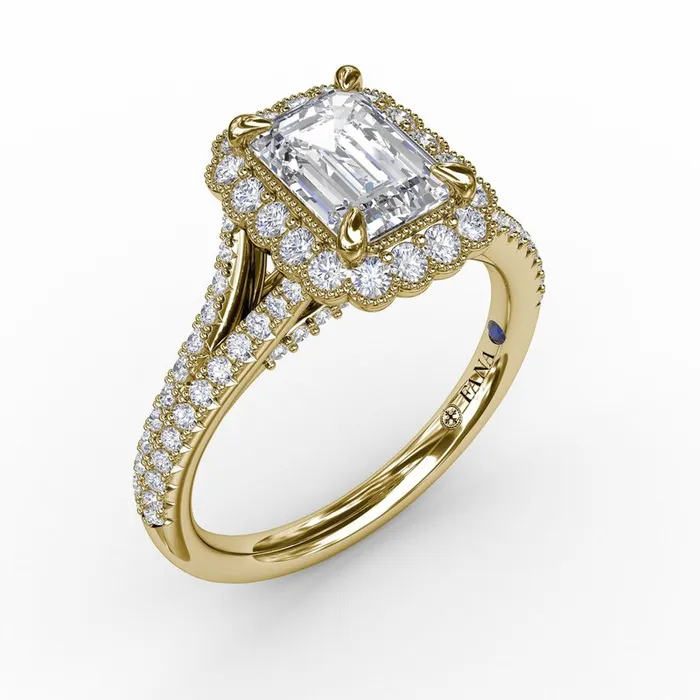 Vintage Emerald Cut Diamond Halo Engagement Ring With Split Shank FANA Rings Vintage Emerald Cut Diamond Halo Engagement Ring With Split Shank FANA Rings