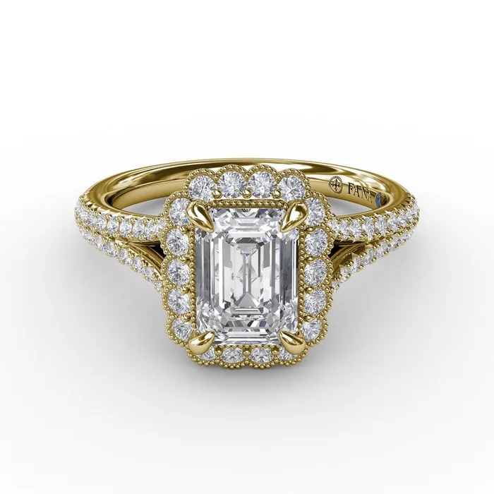 Vintage Emerald Cut Diamond Halo Engagement Ring With Split Shank FANA Rings Vintage Emerald Cut Diamond Halo Engagement Ring With Split Shank FANA Rings