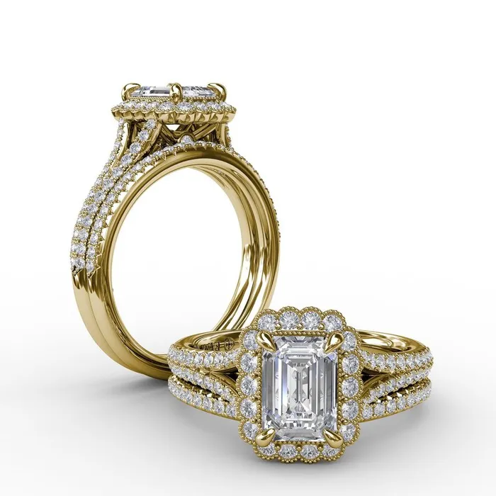 Vintage Emerald Cut Diamond Halo Engagement Ring With Split Shank FANA Rings Vintage Emerald Cut Diamond Halo Engagement Ring With Split Shank FANA Rings