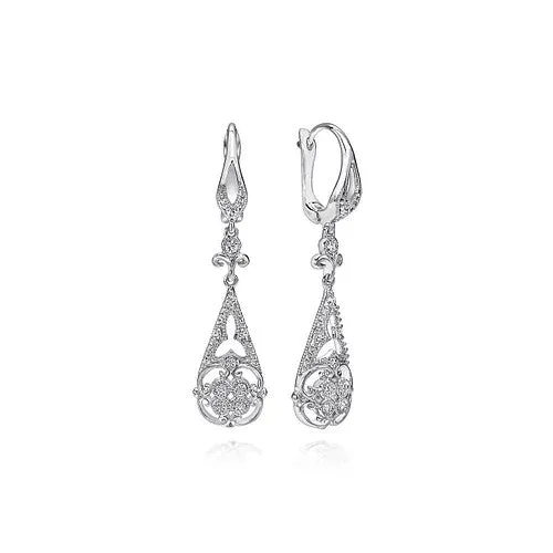 Vintage Inspired 14K White Gold Teardrop Cutout Diamond Drop Earrings GABRIEL CO Earrings