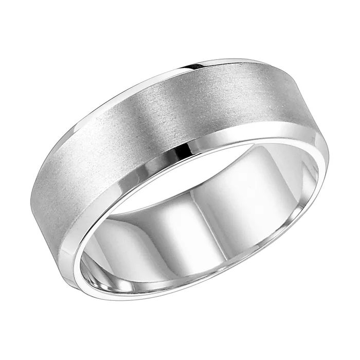 White Gold 8mm Beveled Mens Wedding Band FREDERICK GOLDMAN Rings